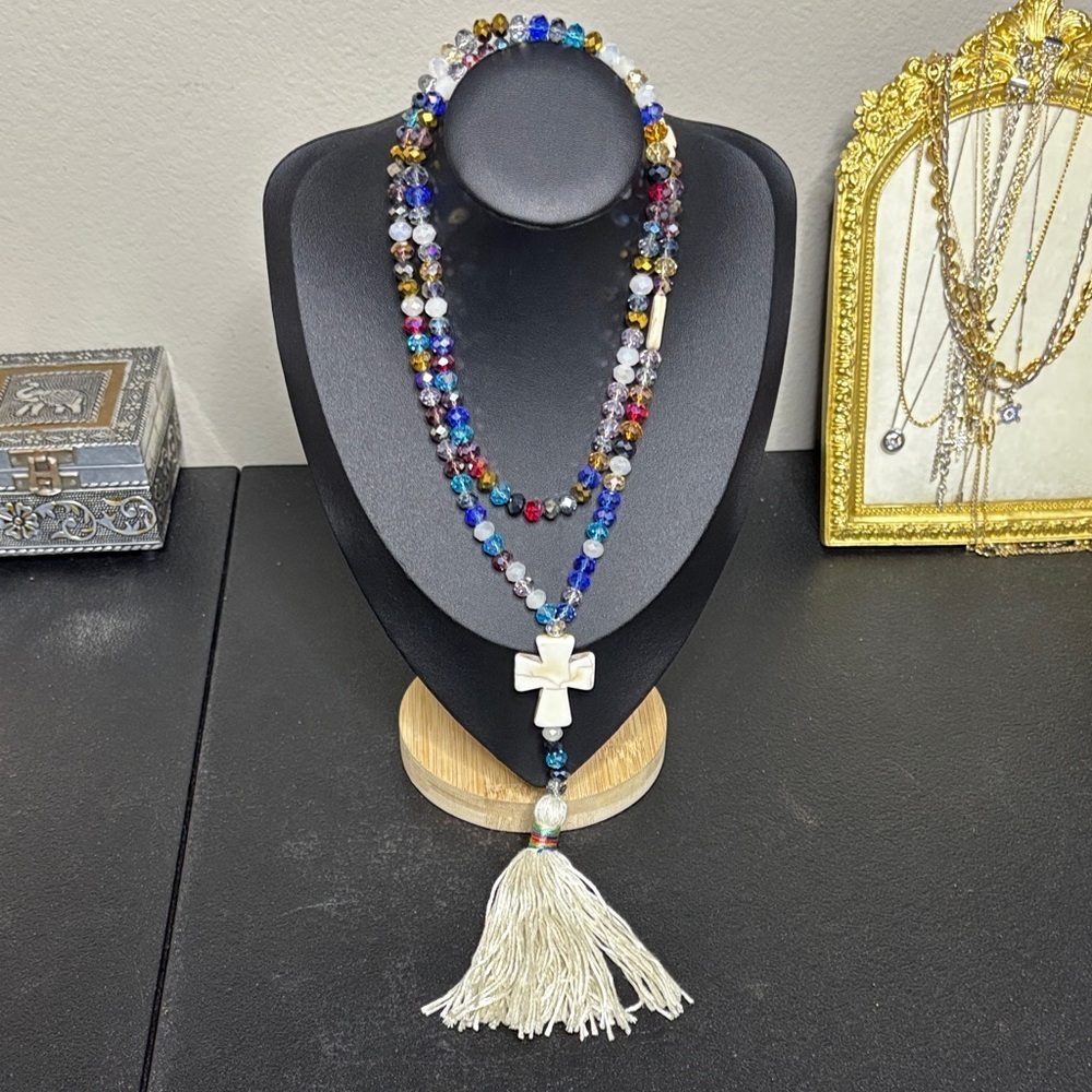 Bohemian Crystal Beads Boho White Turquoise Stone Cross Tassel Necklace